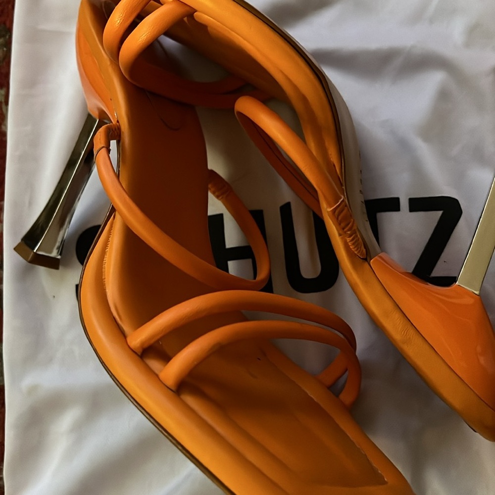 Schutz Agatha Bright Tangerine Leather Sandal Size 10 - Picture 6 of 8